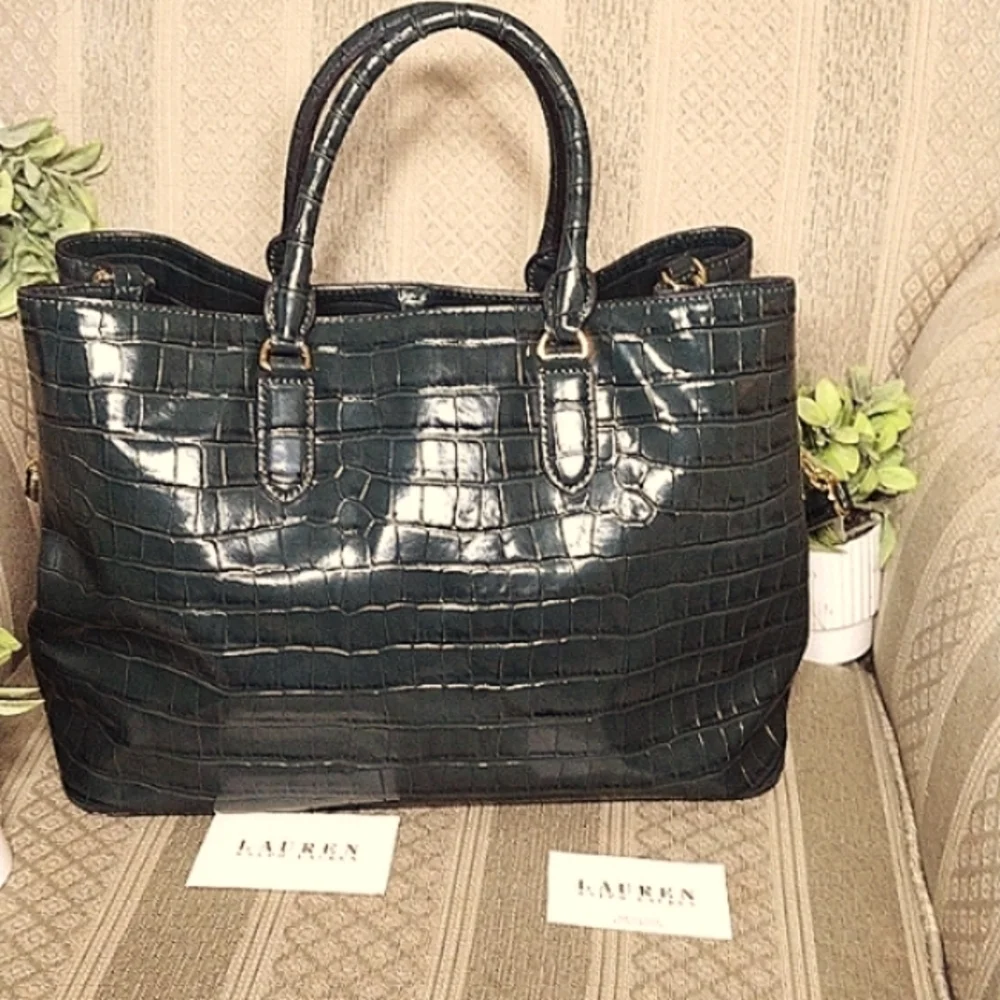 Lauren Ralph Lauren Black Croc-Embossed Patent Satchel with Crest - Picture 4 of 16